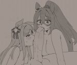  1boy 2girls animal_ears breasts cooperative_fellatio domino_mask el_condor_pasa_(umamusume) fellatio grass_wonder_(umamusume) greyscale half_updo hetero highres horse_ears horse_girl large_breasts licking licking_penis long_hair mask monochrome multiple_girls oniyanna oral penis teamwork_(sexual) umamusume uncensored 
