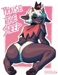 anthro big_butt bovid butt caprine clothing crown cult_of_the_lamb female grin headgear hi_res horn lamb_(cult_of_the_lamb) mammal massive_monster_(studio) panties pawpads rakurawr sheep sitting smile smug text underwear