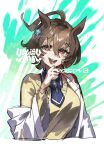  1girl :d agnes_tachyon_(umamusume) ahoge animal_ears blue_necktie blue_shirt brown_hair collared_shirt dated earrings hair_between_eyes hand_up highres horse_ears horse_girl jewelry lab_coat lapels medium_hair necktie off_shoulder open_mouth red_eyes shirt short_necktie signature single_earring smile solo sweater teeth uguisu_ann umamusume upper_body wide_sleeves yellow_sweater 