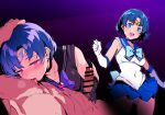  1boy 1girl :d alternate_eye_color armpit_crease ass_visible_through_thighs back_bow bar_censor batta_16-sei bishoujo_senshi_sailor_moon black_choker black_gloves black_sailor_collar black_skirt blue_bow blue_brooch blue_choker blue_eyes blue_gemstone blue_hair blue_sailor_collar blush bob_cut bow breasts bright_pupils brooch censored chest_bow choker circlet cleavage clothed_female_nude_male collarbone completely_nude contrapposto covered_navel covered_nipples cowboy_shot curtained_hair dark_background dot_nose earrings elbow_gloves erection from_above gem gloves gold_circlet half-closed_eyes hand_on_another&#039;s_head hand_up handjob highres jewelry leotard licking licking_another&#039;s_chest looking_at_viewer magical_girl male_pubic_hair mizuno_ami multiple_views nude open_mouth penis pink_eyes pink_gemstone pleated_skirt pubic_hair purple_background purple_bow raised_eyebrows round_teeth sailor_collar sailor_mercury sailor_mercury_pose sailor_senshi_uniform short_hair silver_circlet skirt sleeveless small_breasts smile stud_earrings teeth tongue tongue_out upper_teeth_only veins veiny_penis white_gloves white_leotard white_pupils 