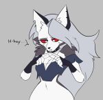 anthro arm_tuft black_clothing black_gloves black_handwear black_nose breasts canid canid_demon canine cheek_tuft cleavage clothed clothing collar demon dialogue ear_piercing eyelashes facial_tuft female fingerless_gloves front_view fur gloves grey_background grey_body grey_clothing grey_fur grey_hair grey_topwear hair handwear hellaverse hellhound helluva_boss long_hair loona_(helluva_boss) mammal mythological_canine mythological_creature mythology navel notched_ear piercing pouting red_sclera shoulder_tuft simple_background solo studded_collar studs text topwear tuft white_body white_eyes white_fur wide_hips zhenai
