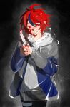  1boy ahoge black_background black_hair black_pants blood blood_on_face blood_on_hands blood_on_weapon bright_pupils commentary cowboy_shot drawstring grey_jacket grin highres holding holding_knife hood hood_down hoodie jacket jacket_over_hoodie knife long_sleeves male_focus multicolored_hair official_alternate_eye_color open_clothes open_jacket pants raincoat red_eyes red_hair see-through_clothes see-through_raincoat shatang20993556 smile solo spoilers streaked_hair sumino_takumi the_hundred_line_-last_defense_academy- thigh_strap tsurime two-tone_hair weapon white_hoodie white_pupils 