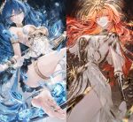  2girls arm_armor armlet armor augusta_(wuthering_waves) bare_shoulders barefoot black_collar blue_eyes blue_hair breastplate breasts character_name closed_mouth collar commentary cowboy_shot dress earrings feet gold_bra hair_belt hair_between_eyes head_wreath headgear highres holding holding_sword holding_weapon iuno_(wuthering_waves) jewelry long_hair looking_at_viewer medium_breasts multicolored_hair multiple_girls orange_eyes orange_hair parted_lips renoahh smile soles split_screen split_theme streaked_hair sun_earrings sword thighlet thighs toe_ring toes twintails underboob upper_body weapon white_dress wuthering_waves 