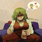  alcohol chibi chibi_inset cup flower green_hair grmarsa heart highres holding holding_cup image_in_thought_bubble kazami_yuuka long_sleeves medicine_melancholy pants plaid_clothes plaid_pants plaid_vest red_eyes red_flower red_rose rose shirt signature simple_background sitting skirt skirt_set smile sunflower touhou tsurime twitter_username vest whiskey white_shirt 