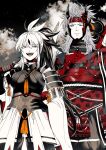  1boy 1girl armor black_hair breasts cloud cowboy_shot fate/grand_order fate_(series) green_eyes grey_eyes grey_hair hair_between_eyes headpiece highres holding holding_sword holding_weapon horns japanese_armor long_hair medium_breasts multicolored_hair nagao_kagetora_(fate) open_mouth phanta ponytail samurai sky smile sword takeda_shingen_(fate) two-tone_hair uesugi_kenshin_(fate) weapon white_hair 