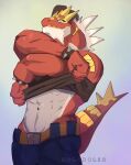 abs anthro artist_logo barazoku belt bottomwear bracelet clothing digital_media_(artwork) fossil_pokemon generation_6_pokemon hi_res jewelry logo male megadolix muscular muscular_anthro muscular_male navel nintendo pants pokemon pokemon_(species) portrait red_body removing_shirt solo spiked_bracelet spiked_tail spikes spikes_(anatomy) standing tail teeth three-quarter_portrait tyrantrum undressing yellow_body yellow_spikes yellow_teeth