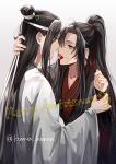  2boys absurdres ahoge bishounen black_hair black_hanfu chinese_clothes couple cream cream_on_face english_text food food_in_mouth food_on_face fruit hair_ribbon hanfu headband high_ponytail highres holding_another&#039;s_wrist koma_horen lan_wangji long_hair long_sleeves looking_at_another male_focus merry_christmas modao_zushi mouth_hold multiple_boys open_mouth ponytail purple_eyes red_ribbon ribbon robe sidelocks simple_background sleeves_past_wrists strawberry topknot twitter_username upper_body very_long_hair wei_wuxian white_background white_hanfu white_headband wide_sleeves xiao_guan_(headdress) yaoi yellow_eyes 