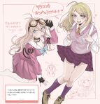  2girls :d akamatsu_kaede antenna_hair arm_up backpack bag bangs black_gloves blonde_hair breasts brown_footwear chabashira_tenko cleavage collared_shirt danganronpa_(series) danganronpa_v3:_killing_harmony fingerless_gloves gloves goggles goggles_on_head hair_ornament heart highres iruma_miu kneehighs large_breasts long_hair multiple_girls musical_note musical_note_hair_ornament necktie orange_necktie pink_eyes pink_skirt pink_vest pleated_skirt pun_suke purple_skirt purple_socks shiny shiny_hair shirt shoes sketch skirt smile socks teeth tongue tongue_out translation_request upper_teeth vest white_shirt white_socks yumeno_himiko 