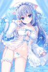  1girl ahoge animal_ear_fluff animal_ears blue_bow blue_hair blush bow bra breasts cat_ears cat_girl cat_tail choker cleavage cleavage_cutout clothing_cutout frills grey_hair hair_between_eyes hair_bow hair_ornament hair_ribbon hasune headdress highres jacket long_hair long_sleeves looking_at_viewer medium_breasts navel negligee open_clothes open_jacket open_mouth original panties parted_lips ribbon see-through_clothes solo stomach tail underwear white_bra white_negligee white_panties 