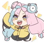  1girl bow-shaped_hair character_hair_ornament chibi hair_ornament hexagon_print iono_(pokemon) jacket long_hair low-tied_long_hair natsuyagi oversized_clothes pokemon pokemon_(game) pokemon_sv sharp_teeth sleeves_past_fingers sleeves_past_wrists solo teeth very_long_sleeves x yellow_jacket 