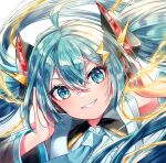  1girl absurdres ahoge aqua_eyes aqua_hair aqua_necktie collared_shirt detached_sleeves electricity hair_between_eyes hair_ornament hatsune_miku headphones highres lightning_bolt_hair_ornament lightning_bolt_symbol long_sleeves looking_at_viewer necktie nekoneko_(nekohoshi_neko) shirt solo vocaloid white_background wide_sleeves 
