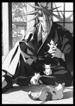  architecture bara cat copyright_request east_asian_architecture fate/grand_order fate_(series) greyscale hakama holding holding_sword holding_weapon japanese_clothes katana long_hair male_focus monochrome multi-tied_hair multiple_cats muscular muscular_male red_hair renga2250 sword tanaka_shinbei_(fate) weapon 