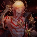  1boy abs arm_tattoo armlet armor artist_name black_coat blonde_hair blood blood_drip blood_from_eyes braid chest_tattoo clawed_gauntlets coat earrings facial_tattoo gold_earrings gold_necklace gradient_hair hair_between_eyes highres honkai:_star_rail honkai_(series) jewelry male_focus medium_hair multicolored_hair mydei_(honkai:_star_rail) necklace open_clothes open_coat pauldrons red_hair red_tattoo shoulder_armor side_braid single_pauldron solo tattoo toned toned_male vetur02 yellow_blood yellow_eyes 