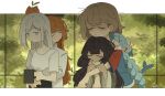  37_(reverse:1999) 5girls arms_around_waist blue_hair blunt_bangs blurry blurry_foreground carbuncle_(reverse:1999) closed_eyes creature_on_head cup daku_k dolphin_costume dress fatutu grey_eyes grey_hair hand_on_another&#039;s_shoulder highres holding holding_cup leaf letterboxed long_hair mug multiple_girls orange_hair outside_border regulus_(reverse:1999) reverse:1999 shirt short_sleeves sonetto_(reverse:1999) upper_body vertin_(reverse:1999) white_dress white_shirt window 