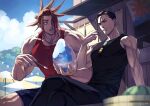  2boys bara black_pants black_shirt copyright_request fate/grand_order fate_(series) food food_stand fruit ice_cream male_focus multiple_boys muscular muscular_male naughty_face pants parasol pectorals red_hair red_shirt renga2250 shirt sky sleeveless sleeveless_shirt sunglasses takechi_zuizan_(fate) tanaka_shinbei_(fate) tree umbrella unworn_eyewear watermelon 