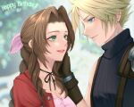  aerith_gainsborough aqua_eyes armor blonde_hair blue_shirt blurry blurry_background braid braided_ponytail breasts brown_gloves brown_hair choker cleavage closed_mouth cloud_strife couple dress earrings final_fantasy final_fantasy_vii gloves green_eyes hair_ribbon hand_on_another&#039;s_cheek hand_on_another&#039;s_face happy_birthday hetero jacket jewelry kiryuu_sara_(artist) light_smile long_hair looking_at_another lowres medium_breasts parted_bangs parted_lips pauldrons pink_dress pink_ribbon red_jacket ribbon ribbon_choker shirt short_hair shoulder_armor sidelocks single_bare_shoulder single_earring single_pauldron sleeveless sleeveless_turtleneck spiked_hair suspenders turtleneck upper_body 