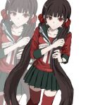  1girl black_skirt brown_hair collarbone cowboy_shot danganronpa_(series) danganronpa_v3:_killing_harmony frown hair_ornament hair_scrunchie hairclip harukawa_maki highres long_hair long_sleeves mole mole_under_eye pleated_skirt red_eyes red_scrunchie red_shirt red_thighhighs rom9461 scrunchie shirt simple_background skirt thighhighs twintails zettai_ryouiki zoom_layer 
