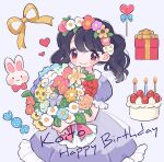  1girl bangs birthday_cake black_hair bouquet box cake candy commentary_request dress fangs flower_wreath food fukumaru_koito gift gift_box happy_birthday highres idolmaster idolmaster_shiny_colors lollipop looking_at_viewer mokume_rin puffy_short_sleeves puffy_sleeves purple_dress purple_eyes short_sleeves skin_fangs solo swept_bangs twintails 