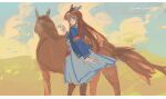  1girl absurdres animal_ears blue_eyes blue_jacket blue_sky bow brown_hair closed_mouth cloud devouringpaper dress ear_bow ear_ornament ear_ribbon grass_wonder_(racehorse) grass_wonder_(umamusume) hair_ornament highres horse horse_ears horse_girl horse_tail jacket long_hair long_sleeves looking_at_viewer multicolored_hair outdoors real_life sailor_collar sky smile tail umamusume white_hair 