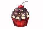  art_neverath cherry chocolate_icing cupcake dessert english_commentary food food_focus fruit highres icing no_humans original pastry procreate_(medium) sprinkles 
