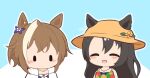  2girls :d ^_^ animal_ears bare_shoulders black_hair blue_background blush brown_hair brown_hat cheval_grand_(umamusume) chibi chibi_only closed_eyes commentary_request ears_through_headwear gomashio_(goma_feet) hat hood hoodie horse_ears horse_girl long_hair multicolored_hair multiple_girls no_mouth open_clothes open_hoodie open_mouth outline satono_crown_(umamusume) short_hair smile two-tone_background two-tone_hair umamusume white_background white_hair white_hoodie white_outline |_| 