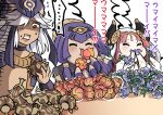  1boy 2girls :3 ^_^ animal blue_flower candace_(genshin_impact) chibi choker closed_eyes commentary_request cyno_(genshin_impact) flower food fruit genshin_impact hat highres holding holding_animal horns long_hair multiple_girls nilou_(genshin_impact) purple_hair red_eyes red_hair scarab simple_background sweat translation_request upper_body usekh_collar veil watoboshi white_background white_hair 