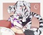 2025 5_fingers akukun anthro balls black_stripes blue_eyes canid canine claws digital_media_(artwork) dipstick_tail dominant dominant_male duo ear_piercing ear_ring erection eyes_closed felid fellatio finger_claws fingers fox fur genitals gloves_(marking) hair hand_on_hip hi_res highlights_(coloring) male male/male mammal markings nerton nipples nude_anthro nude_male oral pantherine penile penis piercing pillow pointy_ears prick_ears purple_highlights reclining ring_piercing sex stripes submissive submissive_male tail tail_markings teeth tiger tongue tongue_out tongue_out_fellatio vali_lucifer vein veiny_penis watermark white_body white_fur white_hair