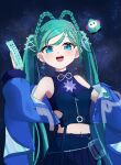 1girl absurdres aqua_hair aqua_nails blue_eyes blue_jacket braid braided_hair_rings breasts commentary_request crop_top earrings hair_ornament hair_rings hatsune_miku heart heart_earrings highres inamida jacket jewelry long_hair magical_mirai_(vocaloid) magical_mirai_miku magical_mirai_miku_(2025) medium_breasts midriff navel night night_sky official_alternate_costume official_alternate_hairstyle open_clothes open_jacket open_mouth single_earring sky smile solo star_(sky) star_(symbol) star_hair_ornament starry_sky stomach tanabata twintails very_long_hair vocaloid 