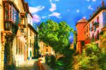  blue_sky brick_road bridge building chinese_commentary cloud commentary_request day highres lantern original outdoors people plant realistic scenery sky sunlight town tree zaq_(pgvc4472) 