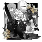  1boy 1girl ? aerith_gainsborough armor baggy_pants bangle black_pants boots bracelet braid braided_ponytail buster_sword chibi chibi_only closed_eyes cloud_strife cropped_jacket dress final_fantasy final_fantasy_vii final_fantasy_vii_rebirth final_fantasy_vii_remake flower hair_between_eyes hair_ribbon highres holding holding_sword holding_weapon jewelry lily_(flower) linerhan long_dress long_hair pants parted_bangs pauldrons ribbon short_hair shoulder_armor single_braid single_pauldron sleeveless sleeveless_turtleneck sparkle spiked_hair spoken_question_mark suspenders sword turtleneck weapon whispering yellow_flower 