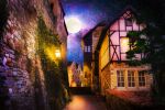  absurdres brick_wall building chinese_commentary commentary_request full_moon highres lantern moon night night_sky no_humans original outdoors path plant realistic scenery sky star_(sky) starry_sky town tree vines zaq_(pgvc4472) 
