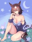  1girl animal_ears babydoll barefoot blue_babydoll breasts brown_hair cleavage closed_mouth crescent_moon ear_ornament hair_between_eyes hand_on_own_face highres horse_ears horse_girl horse_tail large_breasts legs long_hair looking_at_viewer mmmt0a4w0a6k moon multicolored_hair on_bed red_eyes sirius_symboli_(umamusume) smile solo streaked_hair tail umamusume 