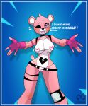 anthro areola areola_slip bear belt bikini black_nose blue_background border breasts broken_heart choker clothing cuddle_team_leader dialogue epic_games exclamation_point eye_scar facial_scar female fingerless_gloves fortnite front_view fur gloves handwear heart_bikini heart_clothing heart_eyes heart_nose heart_swimwear heart_symbol hi_res hug jewelry knee_pads mammal necklace outline outstretched_arms pattern_bikini pattern_clothing pattern_swimwear pink_areola pink_bikini pink_body pink_clothing pink_eyes pink_fur pink_gloves pink_handwear pink_swimwear scar simple_background solo speech_bubble speed_lines striped_bikini striped_clothing striped_swimwear stripes swimwear tail tail_motion tailwag talking_to_viewer thick_thighs tongue tongue_out two-piece_swimsuit white_bikini white_body white_border white_clothing white_fur white_swimwear wide_hips zhenai