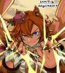  1girl animal_ears armor artist_name brown_hair cape closed_mouth cloud cloudy_sky confident crown dated dogeyama_um dusk earrings fingerless_gloves gloves gold_armor gold_necklace hands_up highres horse_ears horse_girl jewelry light_smile long_sleeves looking_at_viewer multiple_rings necklace outdoors pauldrons pink_cape purple_eyes ring shirt short_hair shoulder_armor single_glove sky solo sparkle sparkling_aura t.m._opera_o_(umamusume) umamusume upper_body v-shaped_eyebrows vambraces white_shirt 