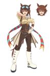  1girl :d agnes_flight_(racehorse) animal_ears anime_coloring aviator_cap aviator_goggles belt boots brown_belt brown_corset brown_hair brown_pants brown_tail commentary corset dress_shirt ear_ornament english_commentary fingerless_gloves gloves goggles goggles_on_head hair_between_eyes hand_on_own_hip hand_up head_only highres horse_ears horse_girl horse_tail humanization knew_nothing multicolored_scarf official_style open_mouth original pants pilot red_eyes scarf shirt short_hair simple_background sleeves_rolled_up smile tail umamusume v-shaped_eyebrows white_background white_boots white_gloves wolf_cut yellow_shirt 