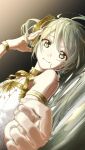  1girl bare_shoulders bracelet dress gold_bracelet gramophone_miku green_eyes green_hair hair_between_eyes hair_ornament hatsune_miku highres jewelry long_hair looking_at_viewer lying miku_symphony_(vocaloid) number_tattoo official_alternate_costume official_alternate_hairstyle on_back skey_222 smile solo strapless strapless_dress tattoo tutu twintails very_long_hair vocaloid white_dress 