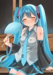  1girl absurdres aqua_hair aqua_nails aqua_necktie aqua_trim black_skirt closed_mouth collared_shirt detached_sleeves grey_shirt hair_between_eyes hair_ornament hand_fan hatsune_miku highres holding holding_fan long_hair long_sleeves meruko-san necktie number_tattoo pleated_skirt shirt skirt sleeveless sleeveless_shirt solo sweat tattoo twintails very_long_hair vocaloid wide_sleeves 