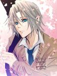  1boy blue_eyes blue_necktie brown_cardigan cardigan cherry_blossoms closed_mouth collared_shirt falling_petals final_fantasy final_fantasy_vii final_fantasy_vii_ever_crisis grey_hair hair_between_eyes highres looking_at_viewer male_focus necktie official_alternate_costume parted_bangs petals pink_petals school_uniform sephiroth sephiroth_(ever_crisis) sephiroth_(shinra_private_academy) shirt short_hair slit_pupils solo ukanicoponpon upper_body weapon weapon_case weapon_on_back white_shirt 