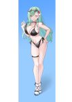  1girl ;p bare_arms bare_legs bare_shoulders bikini black_bikini black_nails blue_background bracelet breasts cleavage closed_mouth commentary earrings eyewear_on_head flower full_body green_hair hair_flower hair_ornament hand_on_own_hip hand_up heart heart-shaped_eyewear highleg highleg_bikini highres hisame_shiki jewelry large_breasts long_hair looking_at_viewer mole mole_on_breast mole_on_thigh nail_polish navel one_eye_closed pulling_own_clothes purple_eyes sandals shoulder_tattoo side-tie_bikini_bottom skindentation smile solo standing stomach strap_pull sunglasses swimsuit tattoo thigh_strap thighs toenail_polish toenails tongue tongue_out two-tone_background very_long_hair virtual_youtuber vspo! white_background yakumo_beni 