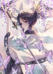  1girl absurdres arms_up black_hair bug butterfly butterfly_hair_ornament commentary_request cowboy_shot demon_slayer_uniform flower from_side hair_ornament haori highres holding holding_sword holding_weapon japanese_clothes k2_(kazu1030) katana kimetsu_no_yaiba kochou_shinobu long_sleeves looking_at_viewer parted_lips purple_butterfly purple_eyes purple_flower purple_hair short_hair smile solo sword sword_writing weapon wide_sleeves wisteria 