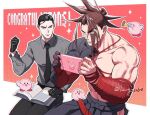 2boys bara black_hair black_pants book collared_shirt copyright_request fate/grand_order fate_(series) grey_shirt hakama holding holding_book japanese_clothes kirby kirby_(series) male_focus multiple_boys muscular muscular_male necktie nintendo_switch pants pectorals red_hair renga2250 shirt smile takechi_zuizan_(fate) tanaka_shinbei_(fate) 