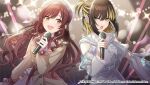 2girls bare_shoulders beret black_hair blonde_hair blonde_streaks blush brown_dress dress ear_piercing earrings hair_bun half_updo hat holding holding_microphone idol idolmaster idolmaster_shiny_colors ikaruga_luca jewelry long_hair long_sleeves looking_at_another microphone multicolored_hair multiple_girls music nail_polish official_alternate_hairstyle official_art open_mouth osaki_amana piercing pink_dress plaid_hat red_hair short_hair singing single_side_bun smile stage_lights streaked_hair swept_bangs two-tone_dress two-tone_hair white_dress yellow_eyes 