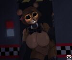 animatronic anthro areola armwear bear black_armwear black_bow_tie black_clothing black_legwear black_lipstick black_nose black_sclera black_thigh_highs black_top_hat bow_tie brown_areola brown_body brown_fur brown_hair brown_nipples clothing crossgender eyelashes female five_nights_at_freddy&#039;s freddy_(fnaf) front_view fur genitals glowing glowing_eyes hair hi_res legwear lipstick looking_at_viewer machine makeup mammal nipples nude robot scottgames short_hair smile solo thick_thighs thigh_highs vulva white_eyes wide_eyed wide_hips zhenai
