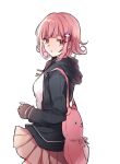  1girl backpack bag bangs black_jacket brown_hair brown_skirt cowboy_shot danganronpa_(series) danganronpa_2:_goodbye_despair from_side galaga hair_ornament hood hooded_jacket jacket long_sleeves medium_hair miniskirt nanami_chiaki neck_ribbon open_clothes open_jacket pink_bag pink_ribbon ribbon shiny shiny_hair shirt skirt solo white_shirt yuno_(ou35i) 