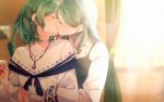  2girls aotsubaki_toto aqua_hair bang_dream! bead_necklace beads bow braid commentary crescent crescent_necklace dress frilled_shawl frills green_dress hair_bow highres hikawa_hina hikawa_sayo incest jewelry kiss light_rays long_hair medium_hair multiple_girls multiple_hair_bows necklace pinafore_dress shawl shirt siblings sleeveless sleeveless_dress twin_braids twincest twins white_shawl white_shirt window yuri 