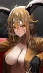  1girl animal_ears arknights black_gloves breasts brown_eyes brown_hair brown_shirt collarbone collared_shirt degenbrecher_(arknights) dress_shirt gloves goat_ears goat_girl goat_horns hair_between_eyes highres horns large_breasts long_hair long_sleeves looking_at_viewer raw_egg_lent shirt smoke solo tobacco unbuttoned upper_body wing_collar 