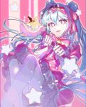  1girl blue_hair bow commentary_request dress feet_out_of_frame gadaebut gloves hair_bow hairband hatsune_miku highres holding holding_staff ima_sugu_rinne_(vocaloid) long_hair mage_staff pantyhose pink_bow pink_dress pink_eyes pink_hairband short_sleeves simple_background solo staff star-shaped_pupils star_(symbol) symbol-shaped_pupils tearing_up vocaloid white_gloves white_pantyhose 