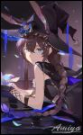  1girl ambience_synesthesia amiya_(arknights) amiya_(medic)_(arknights) amiya_(medic)_(solo_around_the_world)_(arknights) animal_ears arknights black_border black_dress black_gloves black_hat blue_eyes border brown_hair character_name chinese_commentary closed_mouth commentary_request dress ears_through_headwear flower from_side gloves hair_between_eyes hat highres holding holding_flower long_hair looking_at_viewer looking_back lying official_alternate_costume on_stomach petals rabbit_ears rabbit_girl solo upper_body witch_hat xingzhuang_guaimao_get 