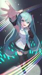  1girl absurdres aqua_eyes aqua_hair aqua_nails aqua_necktie aqua_trim arm_tattoo arm_up armpits black_skirt boots collared_shirt detached_sleeves full_body hair_between_eyes hair_ornament hand_on_own_chest hatsune_miku highres long_hair long_sleeves namiura necktie neon_lights number_tattoo open_mouth pleated_skirt shirt skirt smile solo tattoo thigh_boots twintails very_long_hair vocaloid white_shirt wide_sleeves zettai_ryouiki 