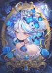  1girl ahoge ascot bare_shoulders blue_ascot blue_bow blue_butterfly blue_choker blue_eyes blue_flower blue_hair blue_ribbon bow brooch bug butterfly choker collarbone commentary_request flower furina_(genshin_impact) furina_(old_design)_(genshin_impact) genshin_impact hair_between_eyes hayun heterochromia highres jewelry long_hair multicolored_hair revision ribbon smile solo strapless streaked_hair two-tone_hair white_flower white_hair 